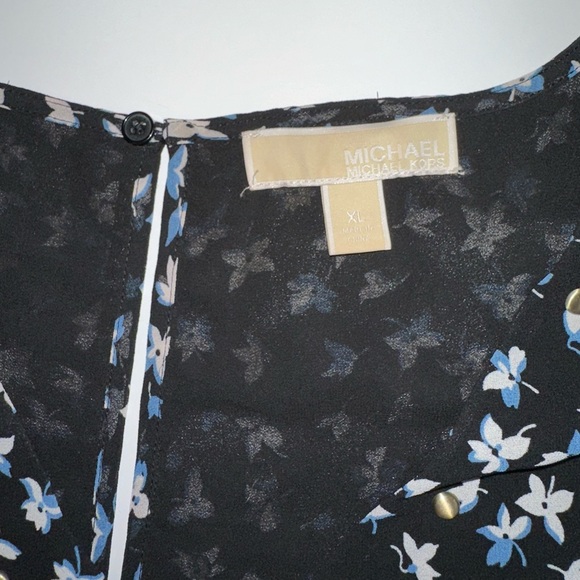 Michael Kors Black Floral V-Neck Dress XL Blue White Gold Detail Short Sleeve - Picture 6 of 9